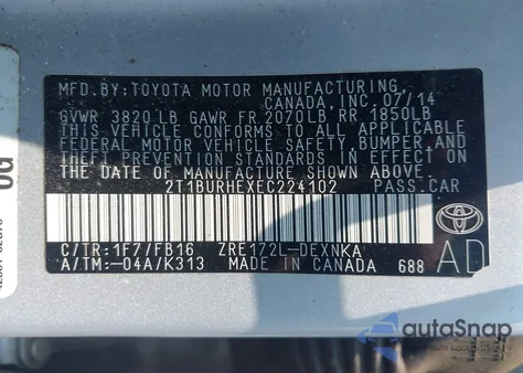 2014 Toyota Corolla Le from USA, damaged, VIN 2T1BURHEXEC224102